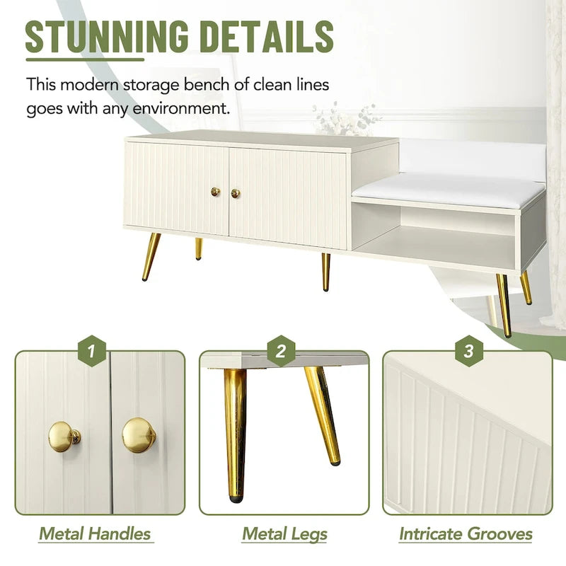Banc de rangement à chaussures rembourré moderne avec armoire à double porte et étagère ouverte