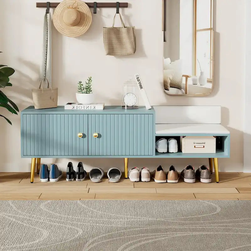 Banc de rangement à chaussures rembourré moderne avec armoire à double porte et étagère ouverte