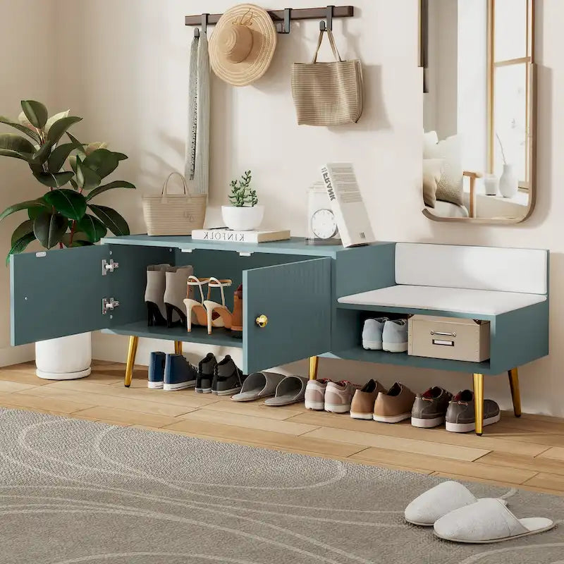 Banc de rangement à chaussures rembourré moderne avec armoire à double porte et étagère ouverte