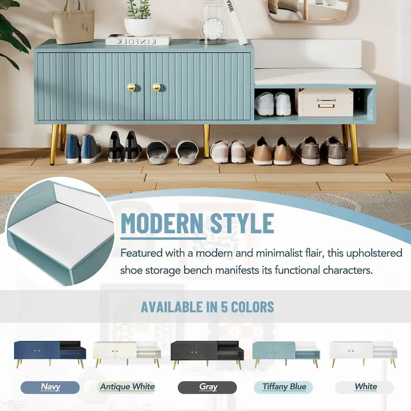 Banc de rangement à chaussures rembourré moderne avec armoire à double porte et étagère ouverte