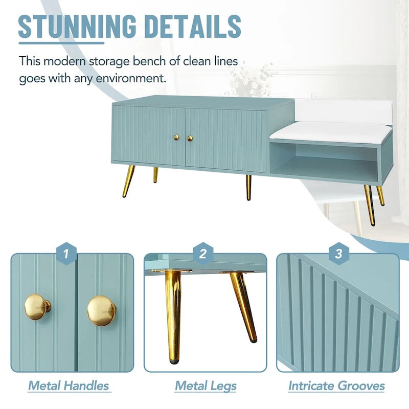 Banc de rangement à chaussures rembourré moderne avec armoire à double porte et étagère ouverte