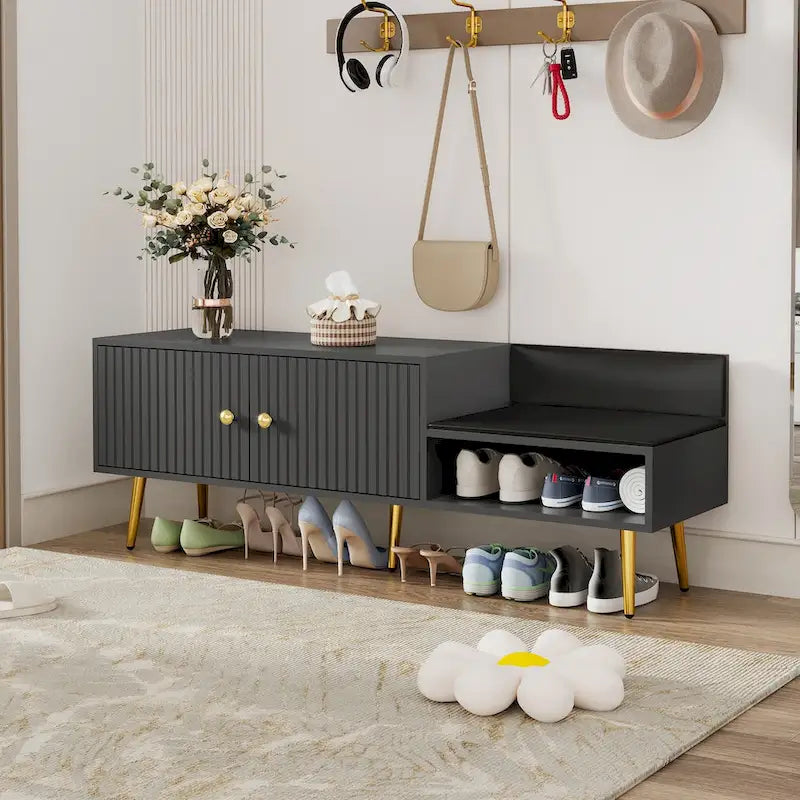 Banc de rangement à chaussures rembourré moderne avec armoire à double porte et étagère ouverte