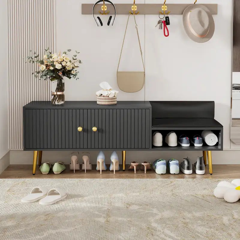Banc de rangement à chaussures rembourré moderne avec armoire à double porte et étagère ouverte