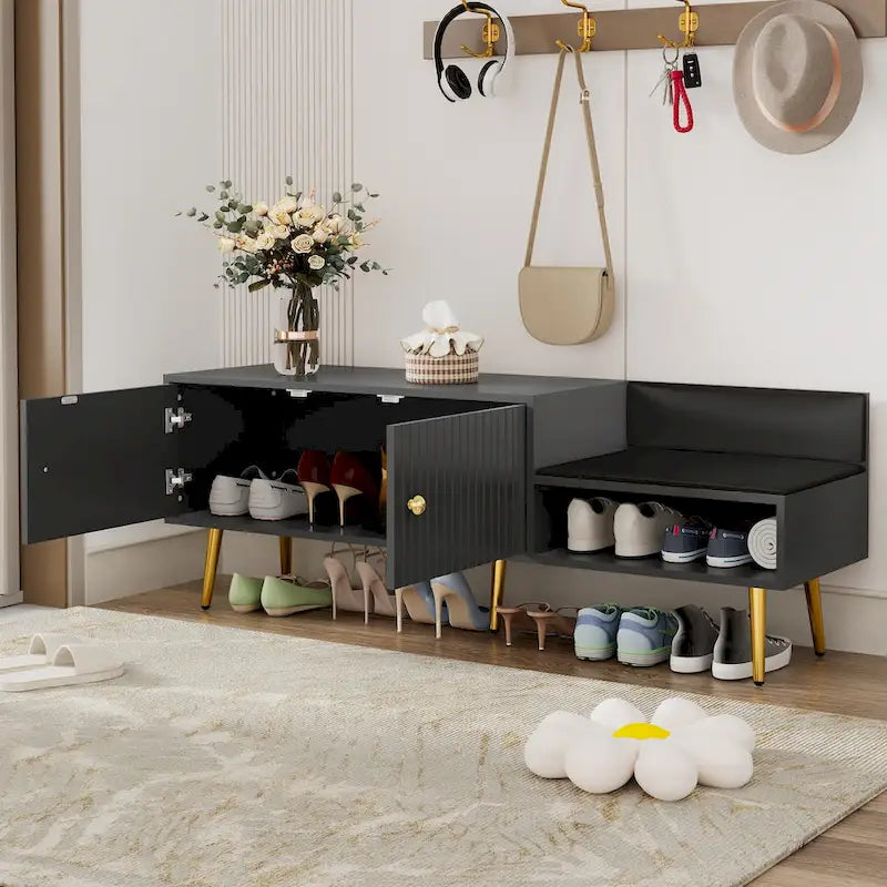 Banc de rangement à chaussures rembourré moderne avec armoire à double porte et étagère ouverte