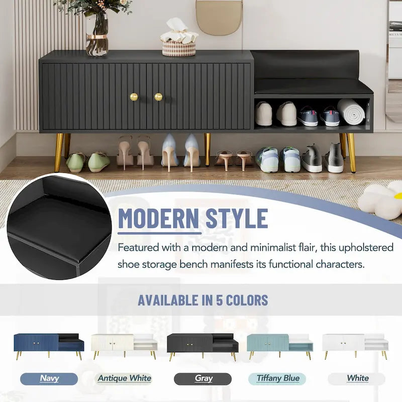 Banc de rangement à chaussures rembourré moderne avec armoire à double porte et étagère ouverte