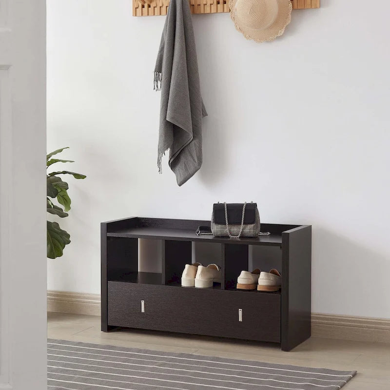 Banc de rangement pour chaussures d'entrée avec trois étagères ouvertes et un tiroir
