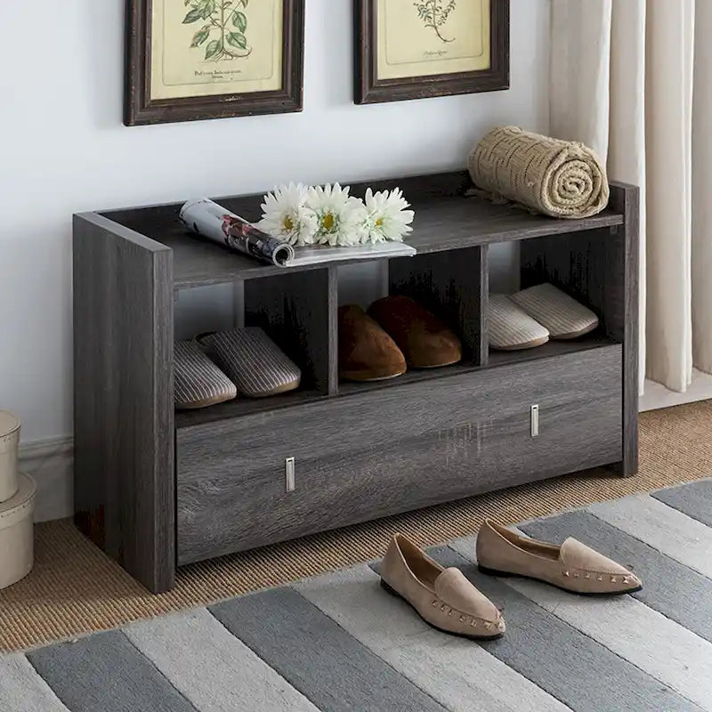 Banc de rangement pour chaussures d'entrée avec trois étagères ouvertes et un tiroir
