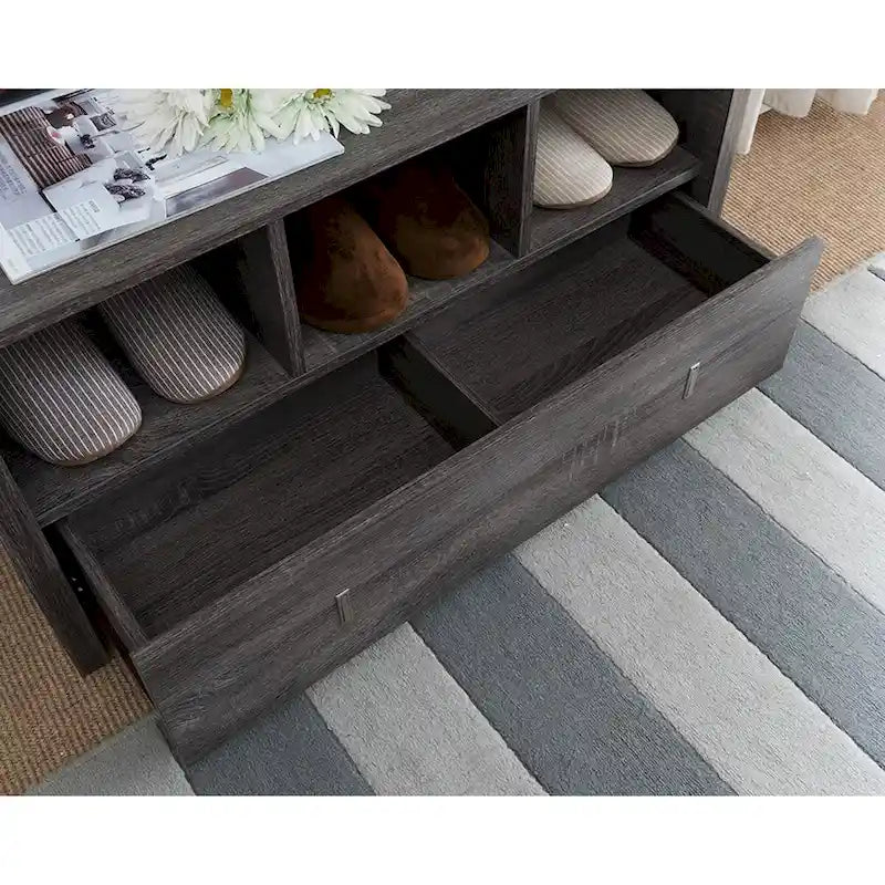 Banc de rangement pour chaussures d'entrée avec trois étagères ouvertes et un tiroir