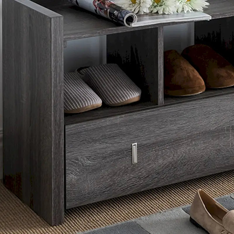 Banc de rangement pour chaussures d'entrée avec trois étagères ouvertes et un tiroir