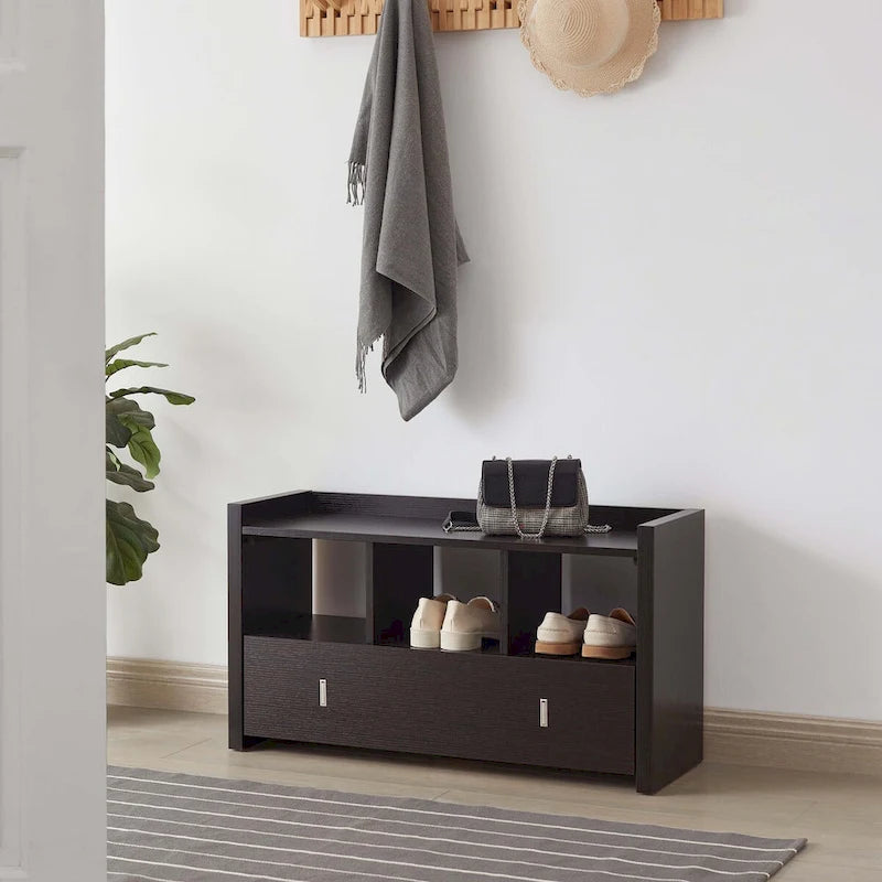 Banc de rangement pour chaussures d'entrée avec trois étagères ouvertes et un tiroir