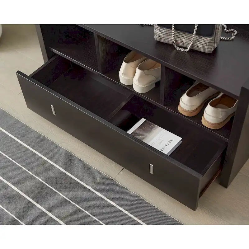 Banc de rangement pour chaussures d'entrée avec trois étagères ouvertes et un tiroir