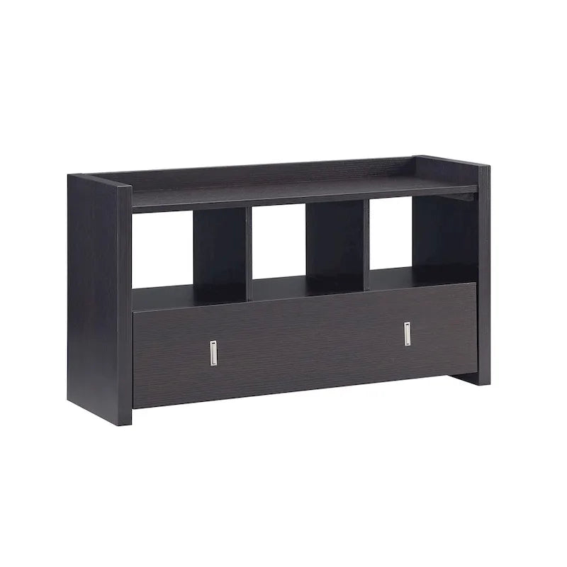 Banc de rangement pour chaussures d'entrée avec trois étagères ouvertes et un tiroir