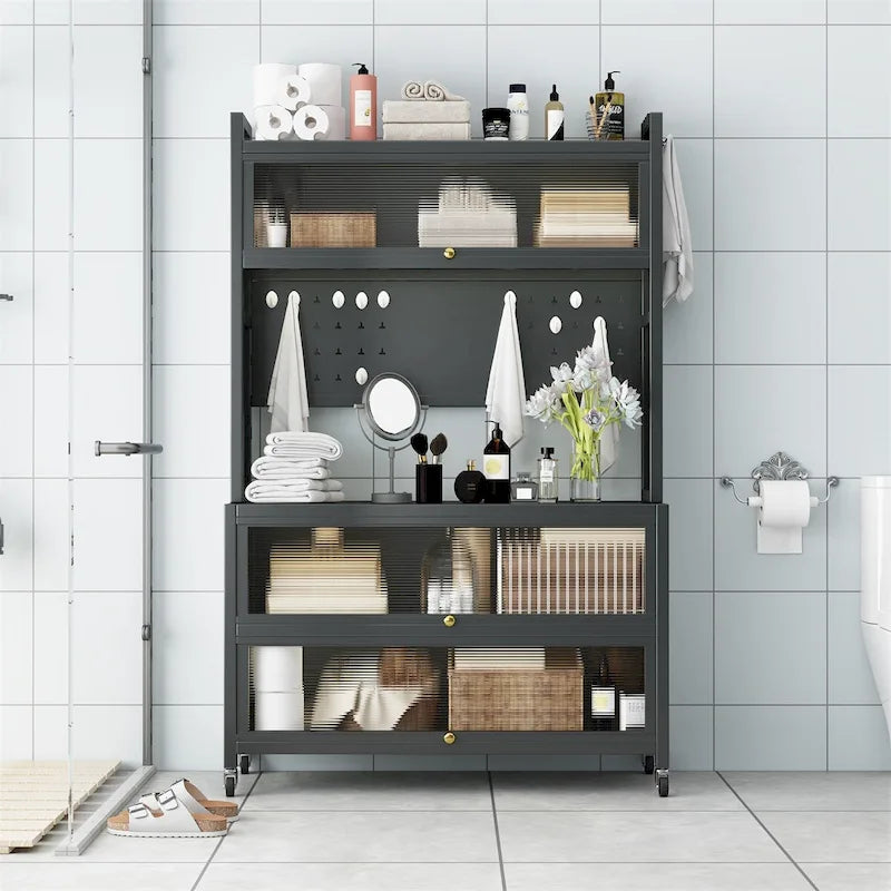 Étagère de rangement en métal roulante avec panneau perforé, portes d'armoire et roulettes verrouillables