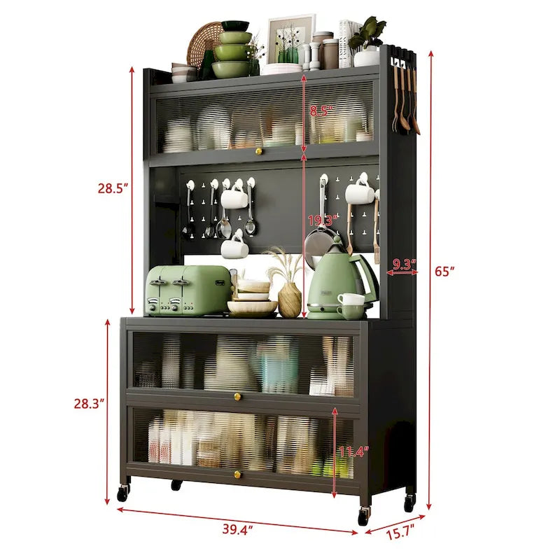 Étagère de rangement en métal roulante avec panneau perforé, portes d'armoire et roulettes verrouillables