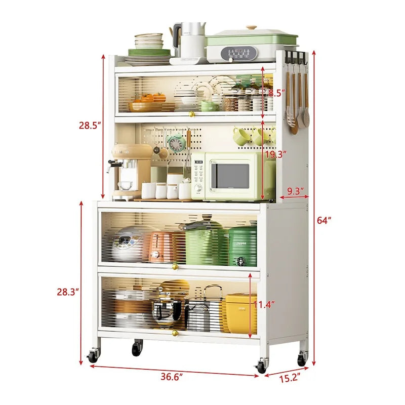 Étagère de rangement en métal roulante avec panneau perforé, portes d'armoire et roulettes verrouillables