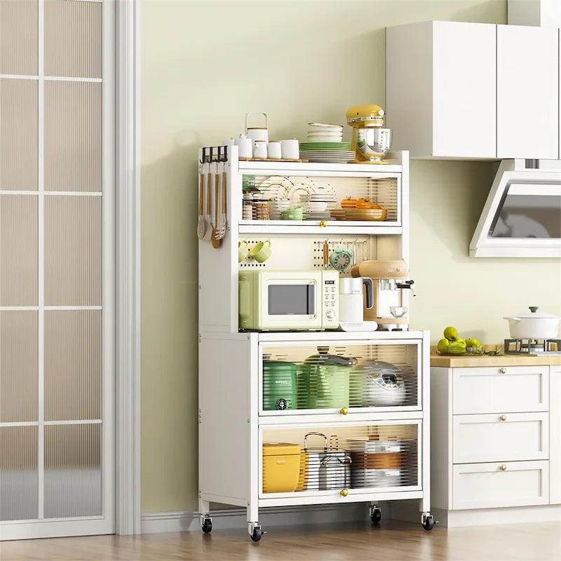 Étagère de rangement en métal roulante avec panneau perforé, portes d'armoire et roulettes verrouillables