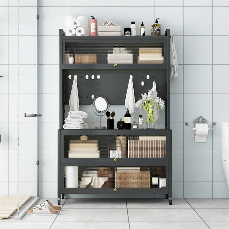 Étagère de rangement en métal roulante avec panneau perforé, portes d'armoire et roulettes verrouillables