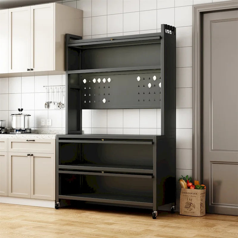Étagère de rangement en métal roulante avec panneau perforé, portes d'armoire et roulettes verrouillables