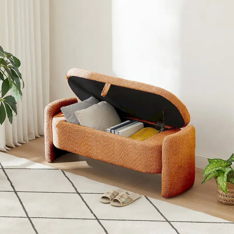 Banc de rangement Boucle Flip-Top avec pieds intégrés incurvés et mousse haute densité