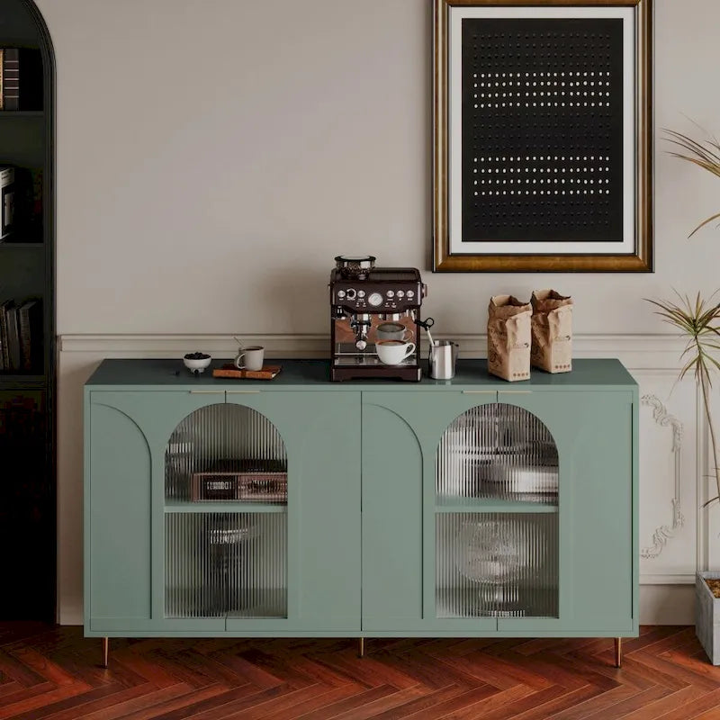 Buffet 4 portes en verre cannelé avec pieds en métal et étagères réglables