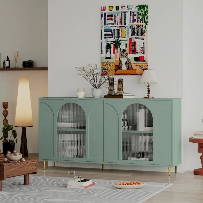 Buffet 4 portes en verre cannelé avec pieds en métal et étagères réglables