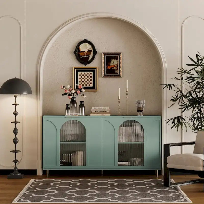 Buffet 4 portes en verre cannelé avec pieds en métal et étagères réglables