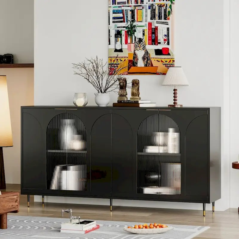 Buffet 4 portes en verre cannelé avec pieds en métal et étagères réglables