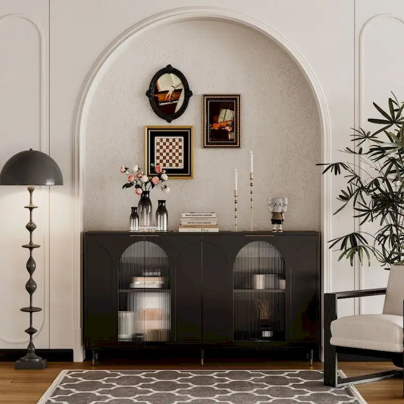 Buffet 4 portes en verre cannelé avec pieds en métal et étagères réglables