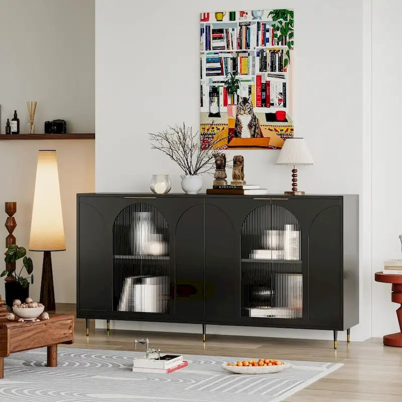 Buffet 4 portes en verre cannelé avec pieds en métal et étagères réglables
