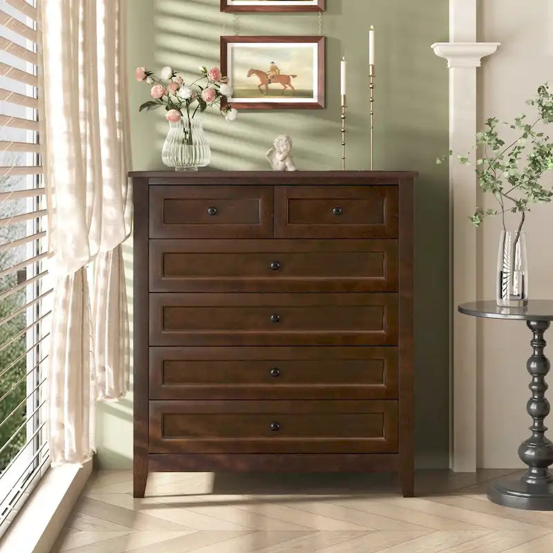 Commode haute à 6 tiroirs en bouleau massif avec coulisses métalliques à fermeture douce et poignées rondes