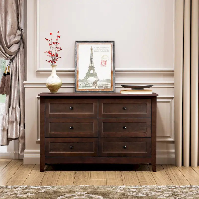 Commode haute à 6 tiroirs en bouleau massif avec coulisses métalliques à fermeture douce et poignées rondes