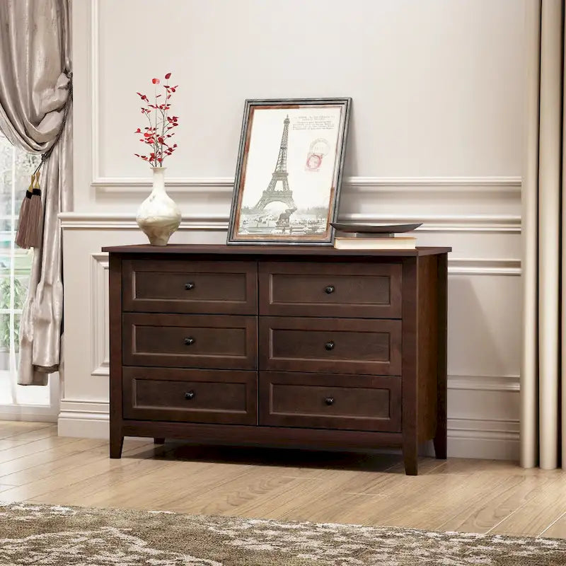 Commode haute à 6 tiroirs en bouleau massif avec coulisses métalliques à fermeture douce et poignées rondes