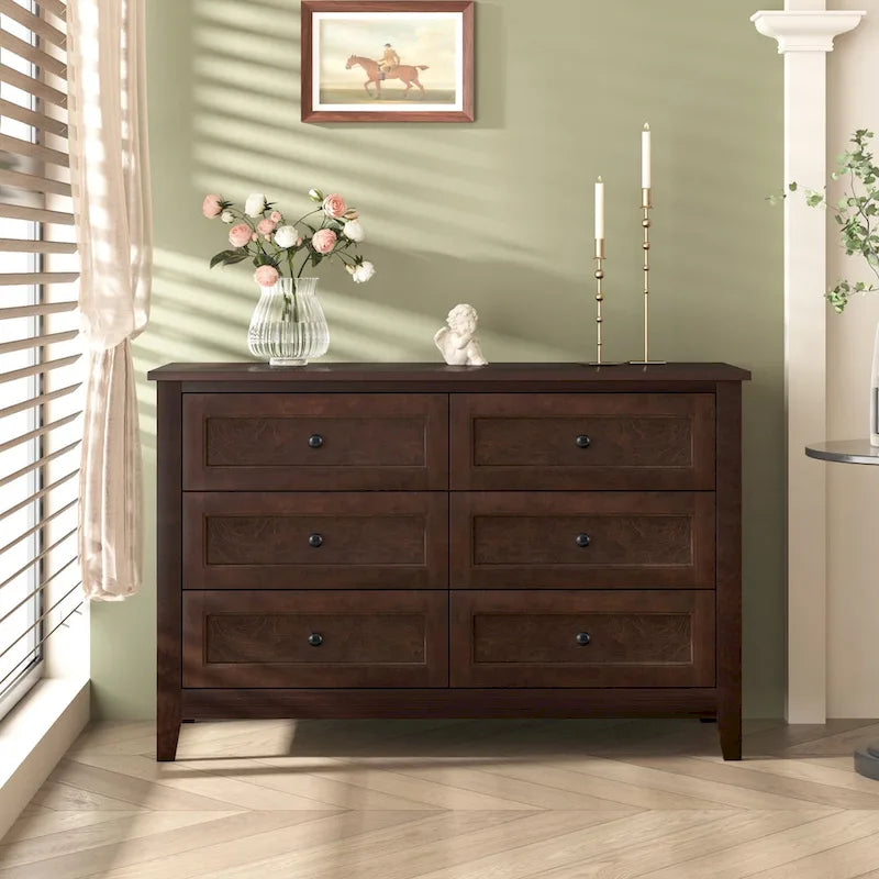 Commode haute à 6 tiroirs en bouleau massif avec coulisses métalliques à fermeture douce et poignées rondes