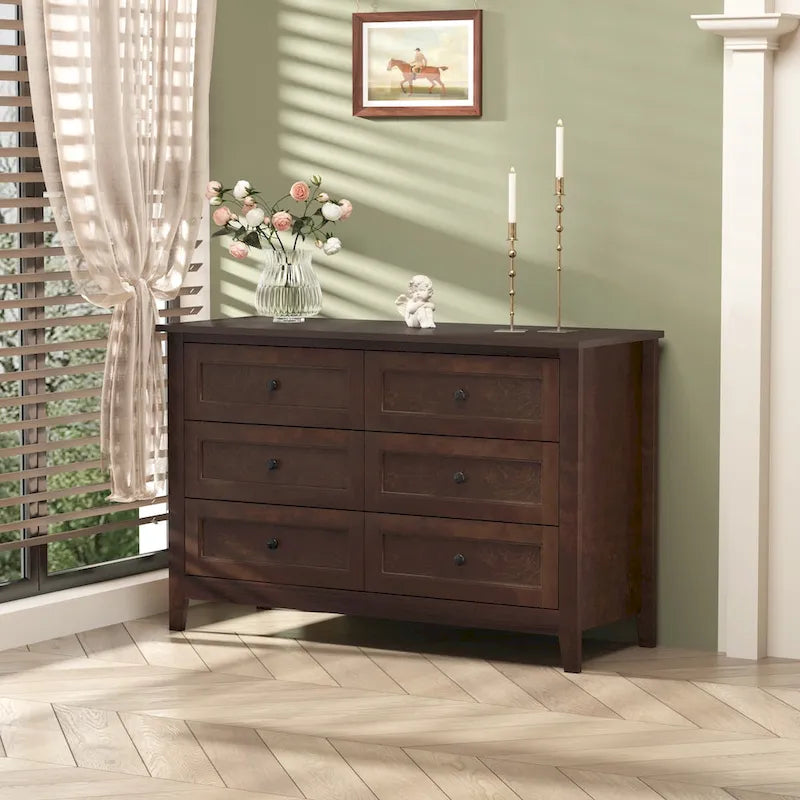 Commode haute à 6 tiroirs en bouleau massif avec coulisses métalliques à fermeture douce et poignées rondes