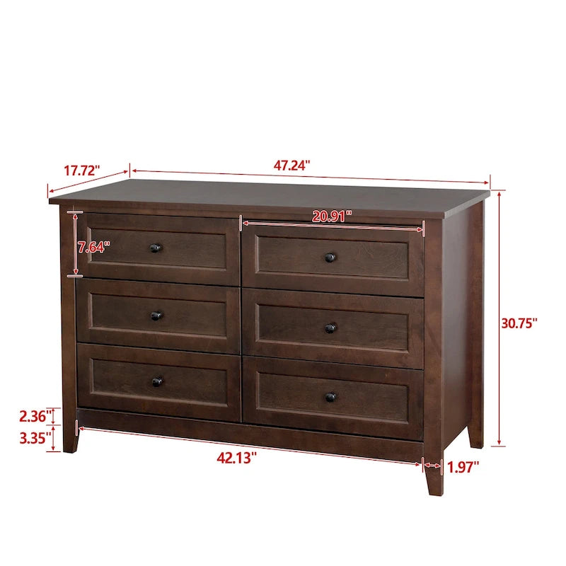 Commode haute à 6 tiroirs en bouleau massif avec coulisses métalliques à fermeture douce et poignées rondes