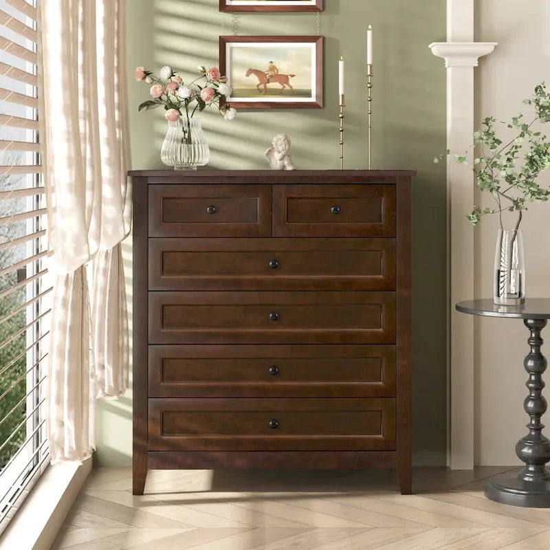 Commode haute à 6 tiroirs en bouleau massif avec coulisses métalliques à fermeture douce et poignées rondes