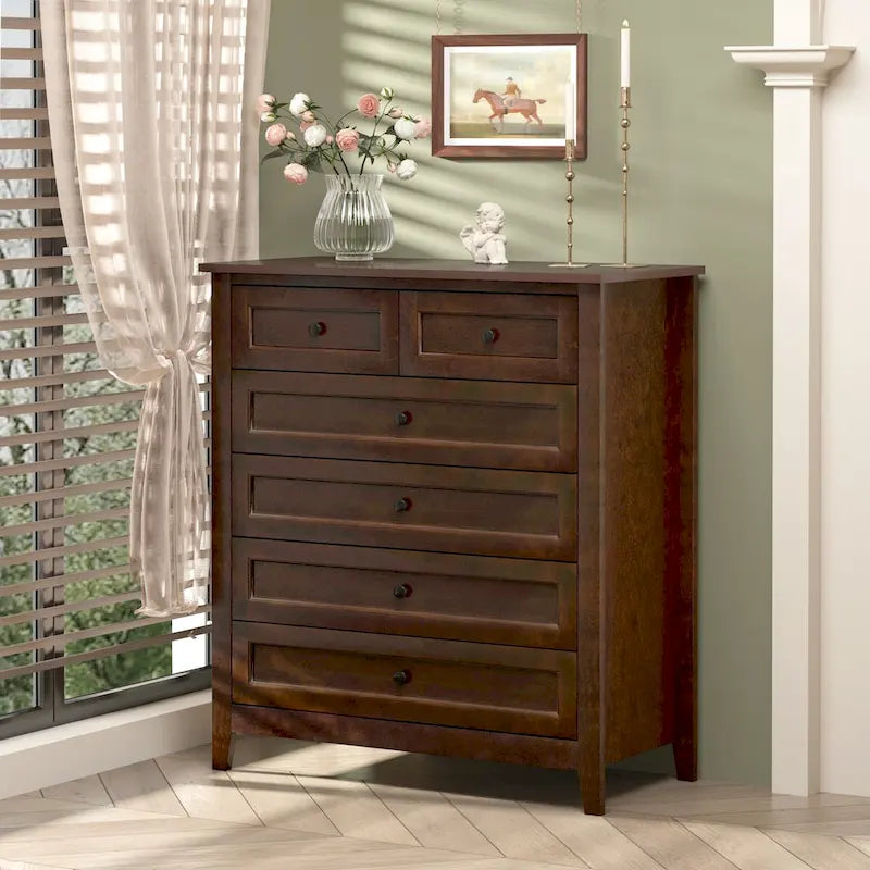 Commode haute à 6 tiroirs en bouleau massif avec coulisses métalliques à fermeture douce et poignées rondes