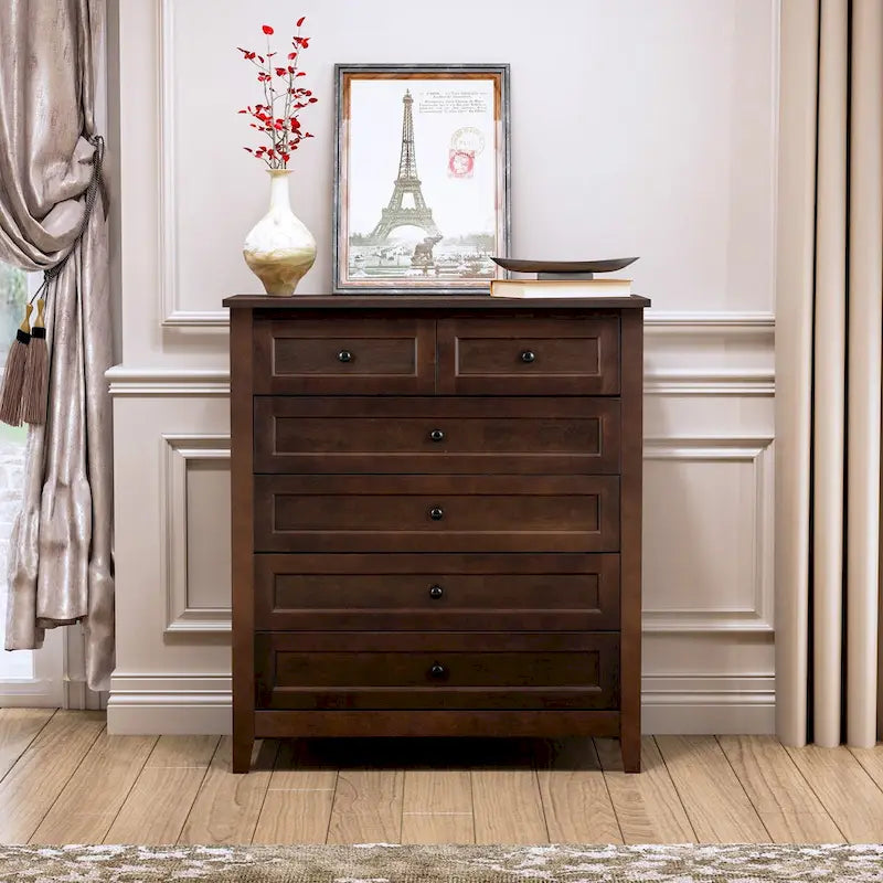 Commode haute à 6 tiroirs en bouleau massif avec coulisses métalliques à fermeture douce et poignées rondes