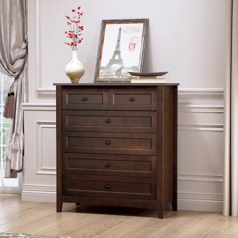 Commode haute à 6 tiroirs en bouleau massif avec coulisses métalliques à fermeture douce et poignées rondes