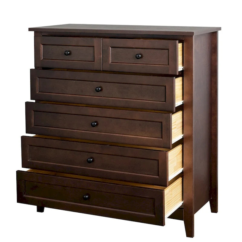 Commode haute à 6 tiroirs en bouleau massif avec coulisses métalliques à fermeture douce et poignées rondes