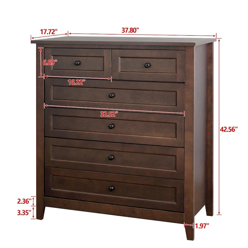 Commode haute à 6 tiroirs en bouleau massif avec coulisses métalliques à fermeture douce et poignées rondes