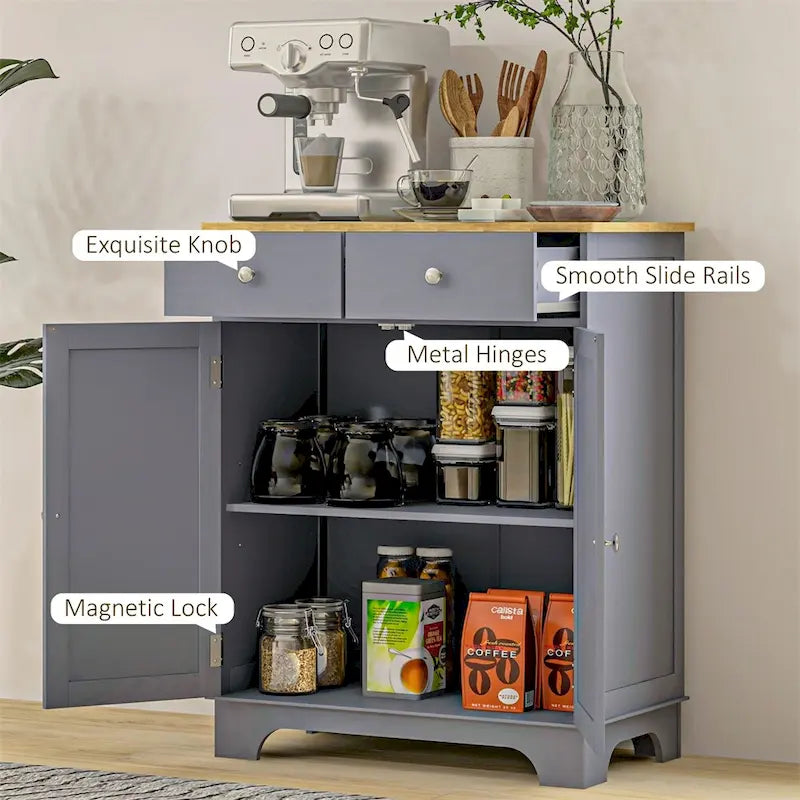 Buffet vaisselier gris à double porte avec 2 tiroirs et étagère réglable