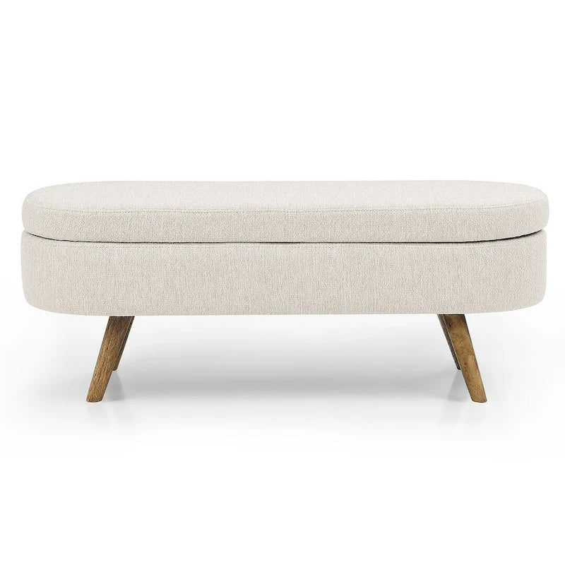 Banc de rangement ottoman ovale en bouclette avec pieds effilés en bois d'hévéa