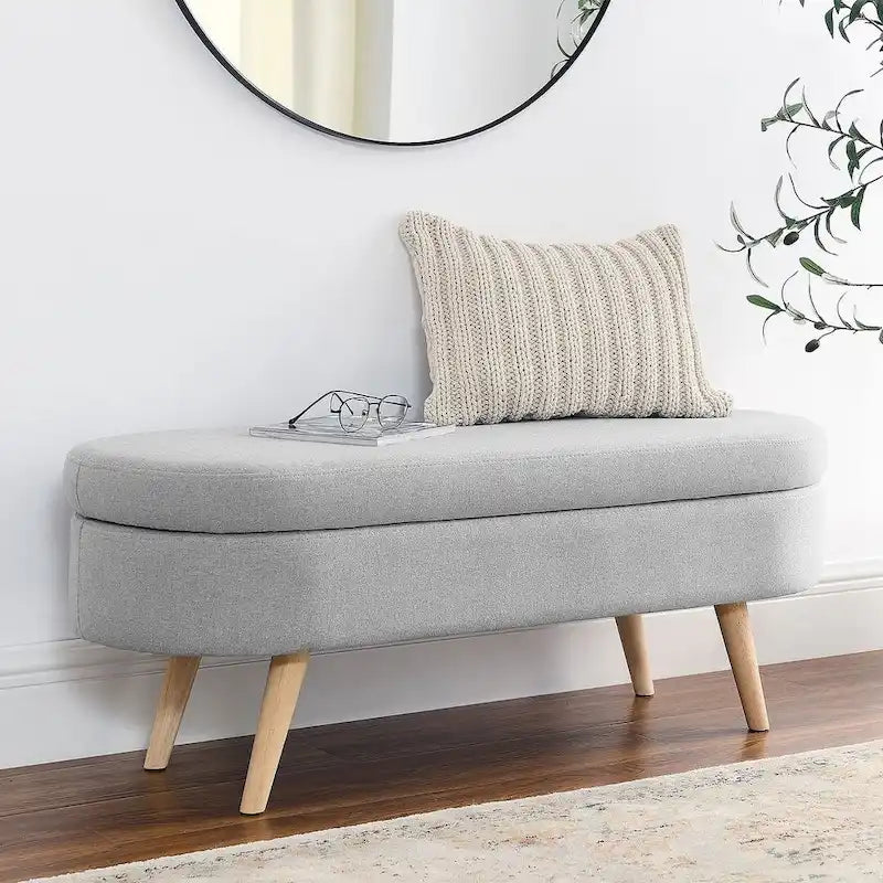 Banc de rangement ottoman ovale en bouclette avec pieds effilés en bois d'hévéa