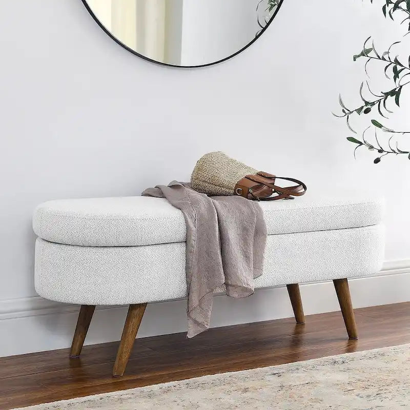Banc de rangement ottoman ovale en bouclette avec pieds effilés en bois d'hévéa