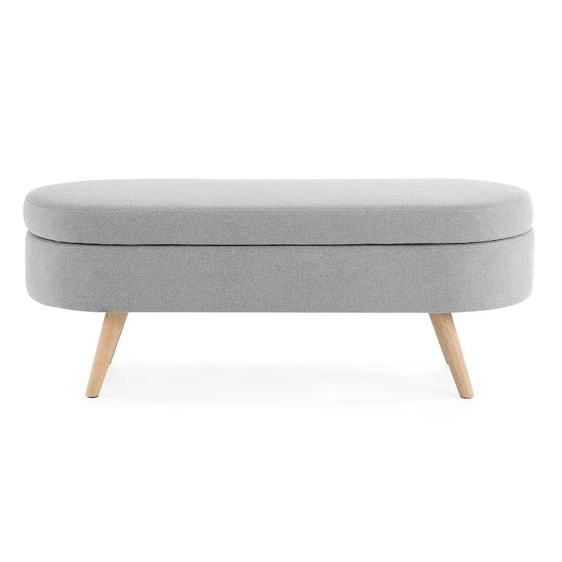 Banc de rangement ottoman ovale en bouclette avec pieds effilés en bois d'hévéa