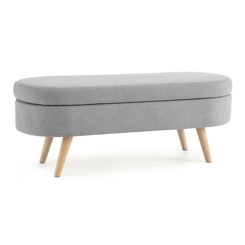 Banc de rangement ottoman ovale en bouclette avec pieds effilés en bois d'hévéa