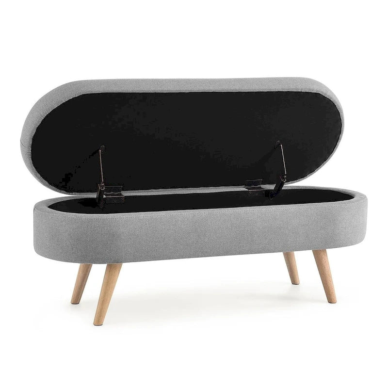 Banc de rangement ottoman ovale en bouclette avec pieds effilés en bois d'hévéa