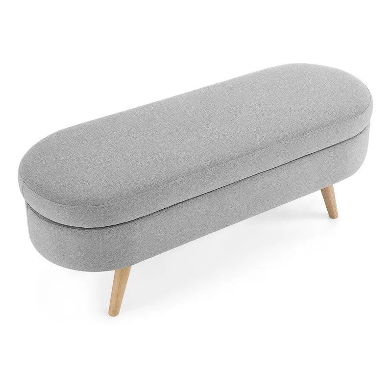 Banc de rangement ottoman ovale en bouclette avec pieds effilés en bois d'hévéa