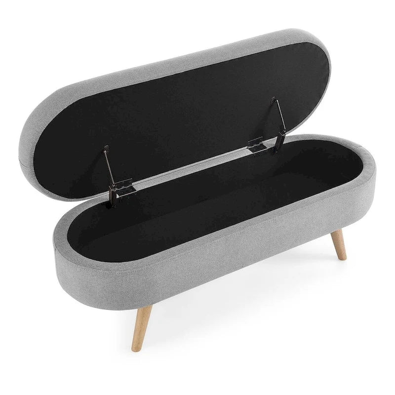 Banc de rangement ottoman ovale en bouclette avec pieds effilés en bois d'hévéa